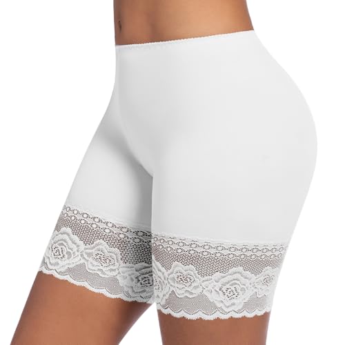 ONEW Unterhosen Damen Unter Rock Kurze Hose Anti Scheuer Radlerhose für Kleid Anti Chafing Spitzen Slip Shorts Atmungsaktive Panty Unterwäsche Weiß L von ONEW