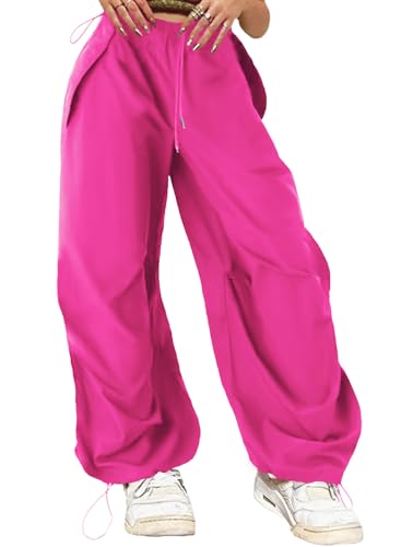 ONIRIKE Damen-Fallschirmhose, Kordelzug, elastisch, niedrige Taille, Sweathose, locker, bauchige Y2K-Cargohose mit Taschen, Fuchsia, Groß von ONIRIKE