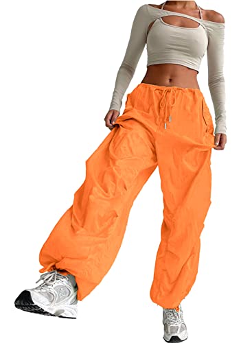 ONIRIKE Damen-Fallschirmhose, Kordelzug, elastisch, niedrige Taille, Sweathose, locker, bauchige Y2K-Cargohose mit Taschen, Z-burnt orange, S von ONIRIKE