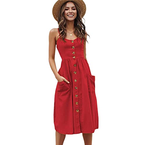 ONLY CHARM Sommerkleid Damen Lang Elegant Knielang Midi V-Ausschnitt Boho Kleid Damen Maxikleid Damen Sommer Blumenkleid Strandkleid Perfekt für Frauen 16-45 Jahren,Elegantes Rot,XL von ONLY CHARM