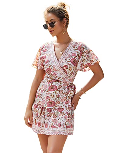 Damen Boho Kleid, Drucken Kurzarm Sexy V Ausschnitt A-Line Sommerkleider Kurzer Lose Strandkleider,Beige,L von ONLY CHARM