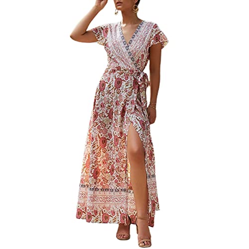 Sommerkleid Boho Kleid V-Ausschnitt Strandkleid Damen Maxikleid Kurzarm A Linie Lang Wickelkleid Alter 16-45 Jahre,Beige,M von ONLY CHARM