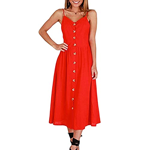 ONLY CHARM Sommerkleid Damen Lang Elegant Knielang Midi V-Ausschnitt Boho Kleid Damen Maxikleid Damen Sommer Blumenkleid Strandkleid Perfekt für Frauen 16-45 Jahren,Flammenrot,M von ONLY CHARM