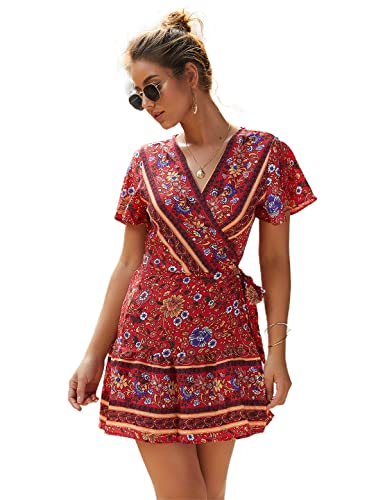 ONLY CHARM Wickelkleid Sommerkleid Damen Strandkleid Boho Kleid Kurz Schwarzes Kleid Damen Elegant V Ausschnitt Blumen Kurzarm mit Schlitz,Rot-A,S von ONLY CHARM