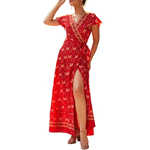 Sommerkleid Boho Kleid V-Ausschnitt Strandkleid Damen Maxikleid Kurzarm A Linie Lang Wickelkleid Alter 16-45 Jahre,Rot2,XL von ONLY CHARM