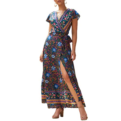 Sommerkleid Boho Kleid V-Ausschnitt Strandkleid Damen Maxikleid Kurzarm A Linie Lang Wickelkleid Alter 16-45 Jahre,Schwarz,L von ONLY CHARM