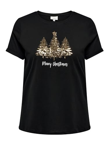 ONLY Curvy Damen T-Shirt Kurzarm Regular Fit Rundhals Glitzer-Effekt Print, Farben:Schwarz, Größe:50-52 von ONLY Carmakoma
