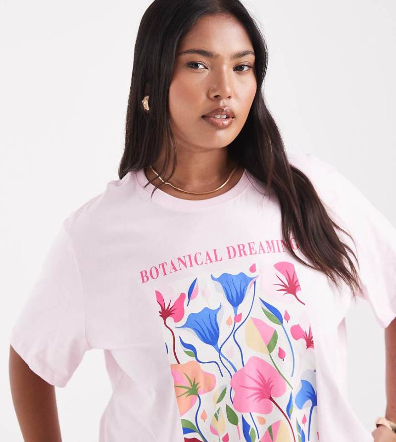 ONLY Curve - Boyfriend T-Shirt in Rosa mit botanischer Grafik von ONLY Curve