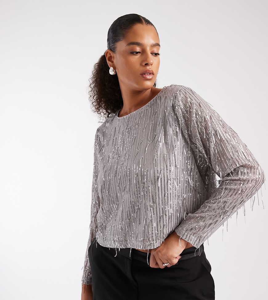 ONLY Curve - Cropped-Oberteil mit Pailletten in Silber ONLY Curve - Cropped-Oberteil mit Pailletten in Silber von ONLY Curve