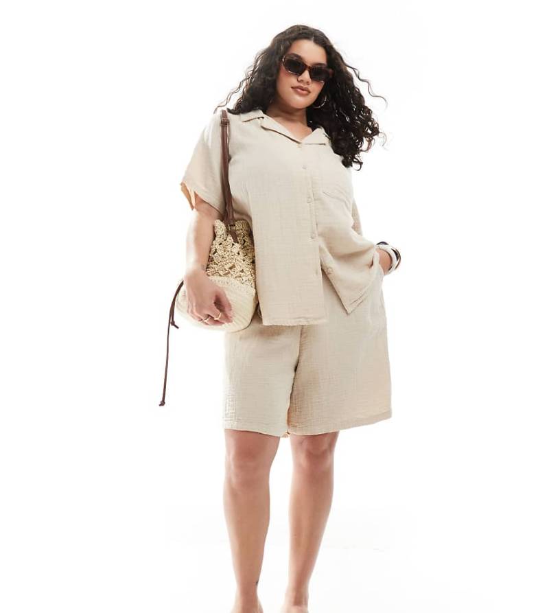 ONLY Curve - Geknöpfte Hemdbluse aus dünnem, weitmaschig gewebtem Baumwollstoff in Beige, Kombiteil-Neutral von ONLY Curve