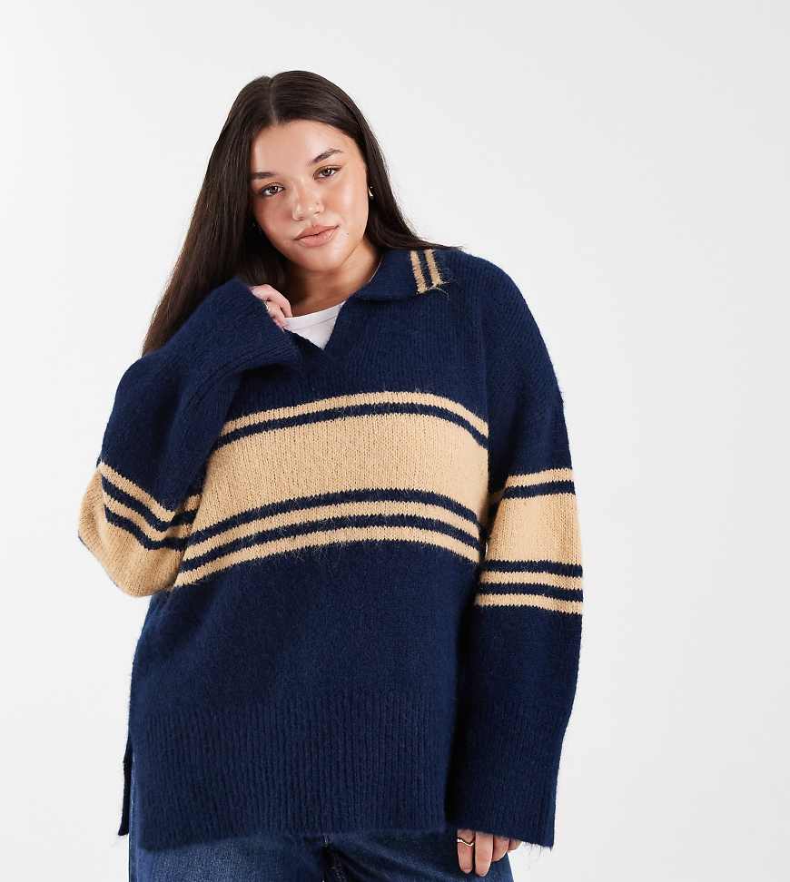 ONLY Curve - Gestricktes Polohemd in Marineblau mit Streifen von ONLY Curve