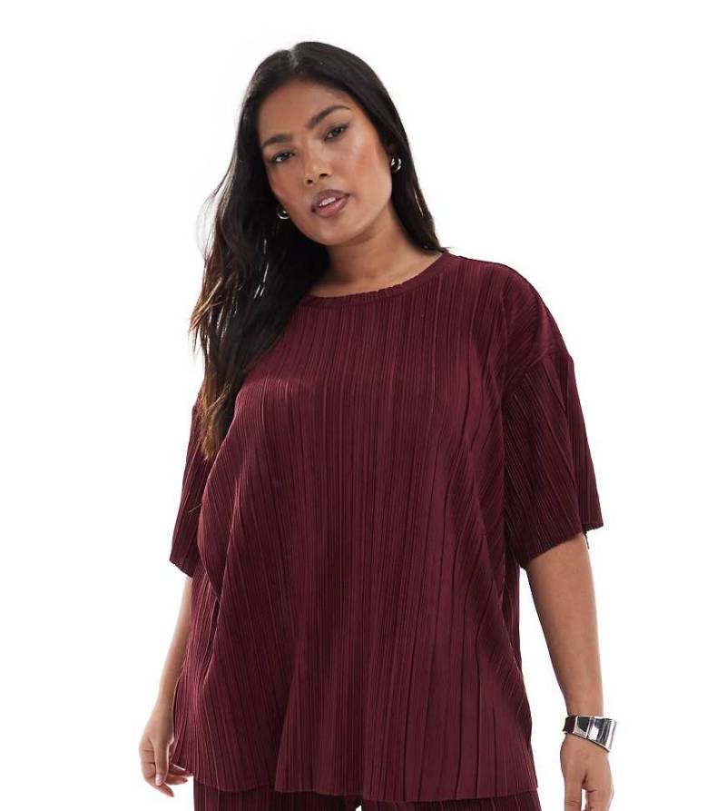 ONLY Curve - Kastenförmiges, plissiertes T-Shirt in Burgunderrot, Kombiteil von ONLY Curve