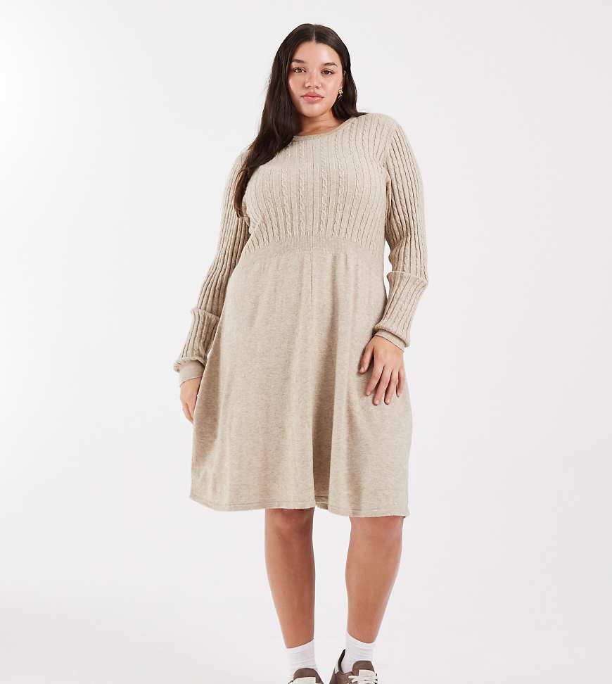 Only Curve - Strickkleid in Steinbeige mit Zopfmuster-Neutral von ONLY Curve
