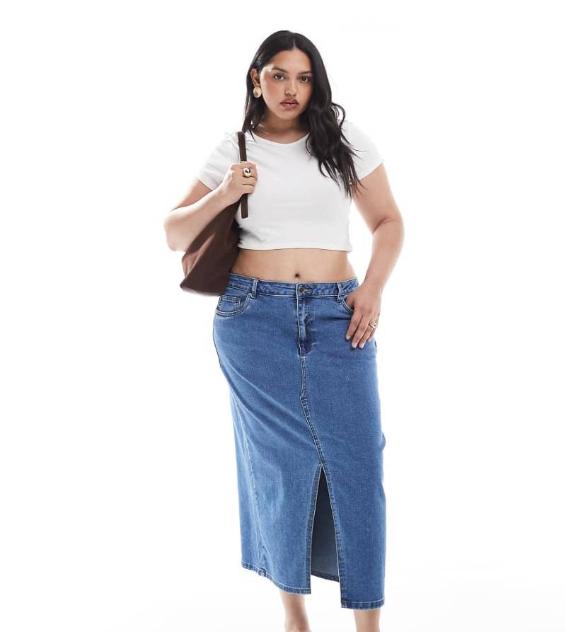 ONLY Curve - Midi-Jeansrock in Mittelblau mit Schlitz vorne von ONLY Curve
