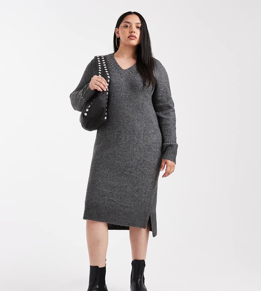 ONLY Curve - Midi-Strickkleid in Grau mit Nieten-Detail von ONLY Curve