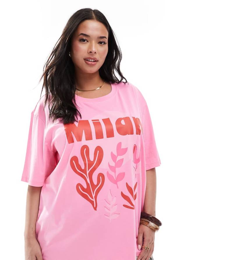 ONLY Curve - Milan - Oversize-T-Shirt in Rosa mit Grafik von ONLY Curve