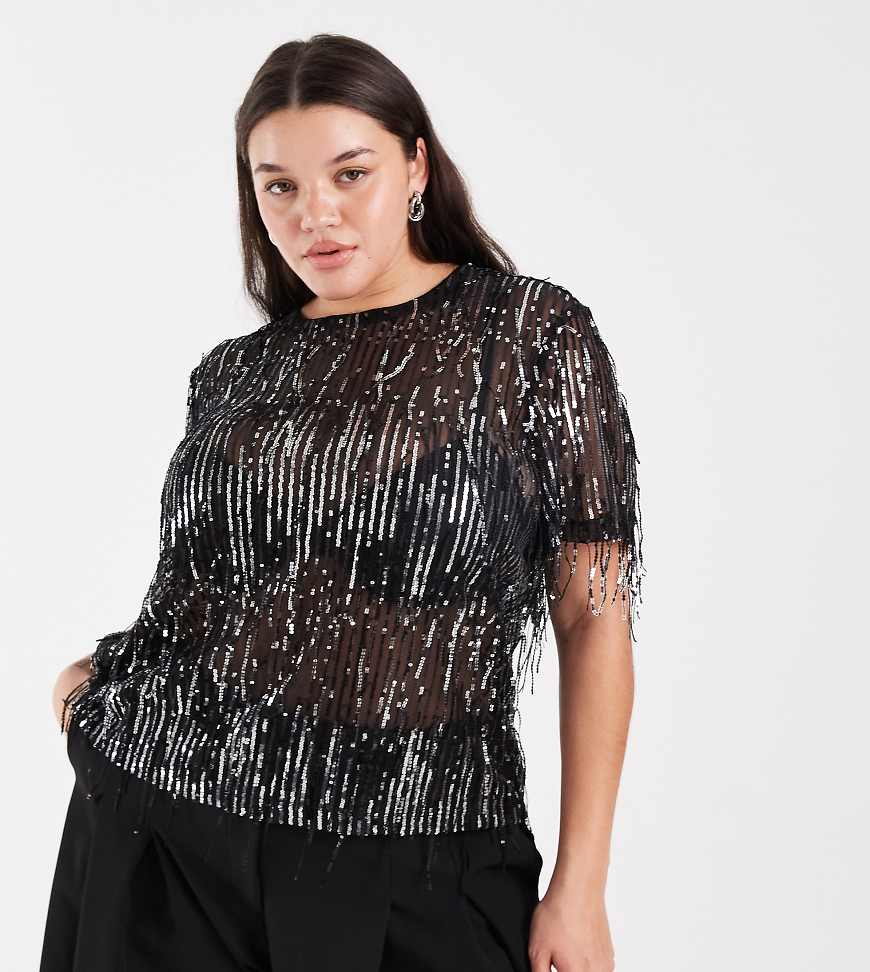 ONLY Curve - Oberteil aus Netzstoff in Schwarz mit Paillettenfransen von ONLY Curve