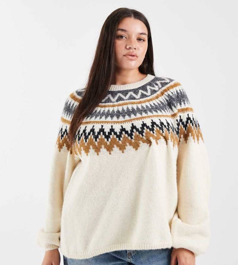 Only Curve - Pullover in Beige mit Fair-Isle-Muster und Ballonärmeln-Neutral von ONLY Curve