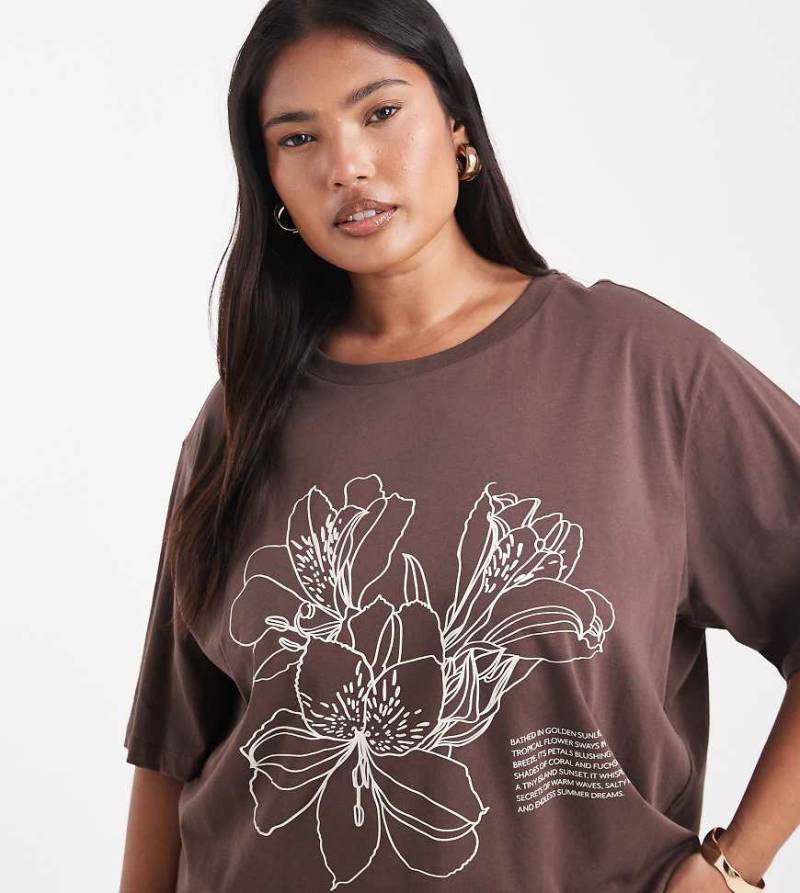 ONLY Curve - Oversize-T-Shirt in Braun mit Hibiskus-Grafik-Brown von ONLY Curve