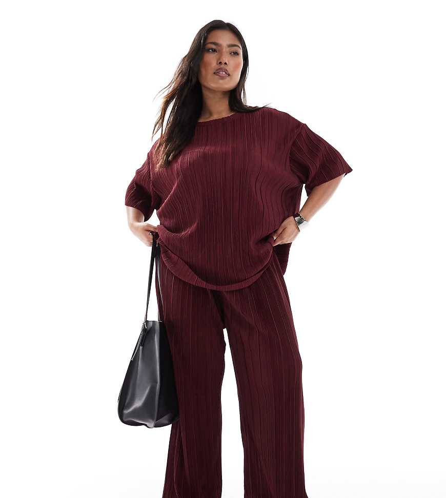 ONLY Curve - Plissierte Hose in Burgunderrot mit weitem Bein, Kombiteil von ONLY Curve