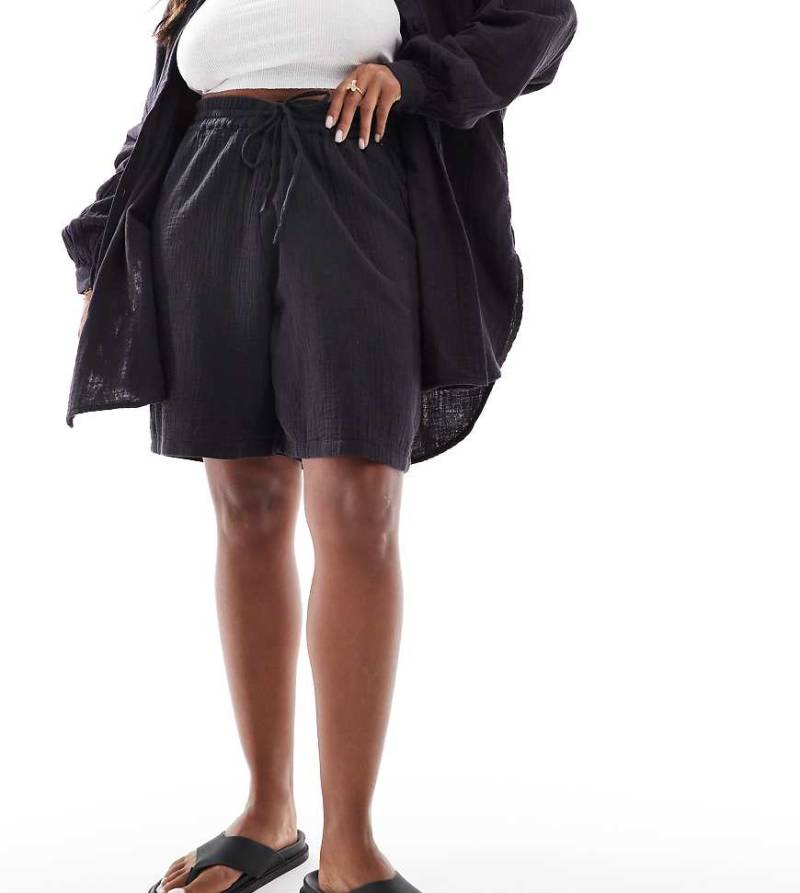 ONLY Curve - Shorts aus Musselinstoff in Anthrazit mit elastischem Bund, Kombiteil-Grau von ONLY Curve