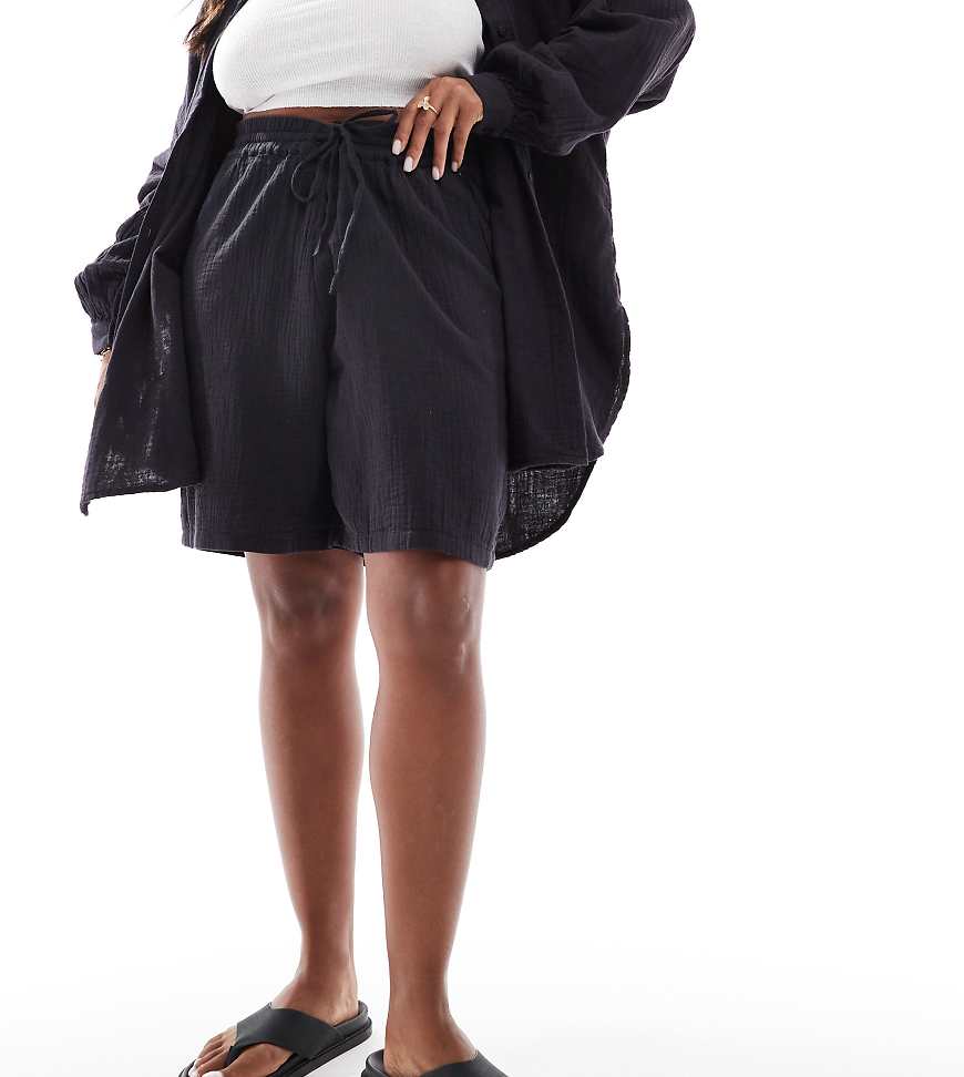 ONLY Curve - Shorts aus Musselinstoff in Anthrazit mit elastischem Bund, Kombiteil-Grau von ONLY Curve