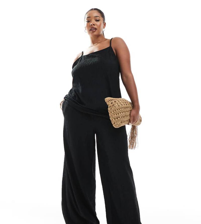 ONLY Curve - Texturierte Hose in Schwarz mit weitem Bein, Kombiteil von ONLY Curve