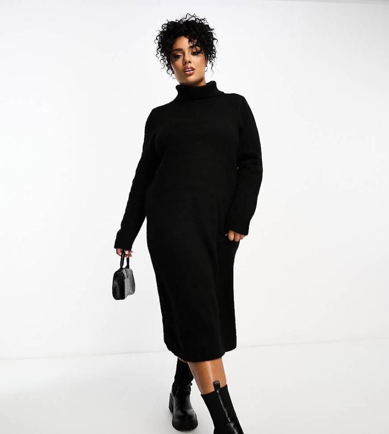 Only Curve - Midi-Pulloverkleid in Schwarz mit Rollkragen von ONLY Curve