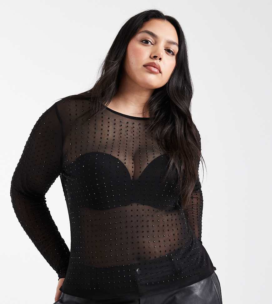 Only Curve - Oberteil aus Netzstoff in Schwarz mit Strassbesatz von ONLY Curve