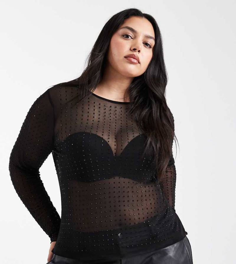 Only Curve - Oberteil aus Netzstoff in Schwarz mit Strassbesatz von ONLY Curve