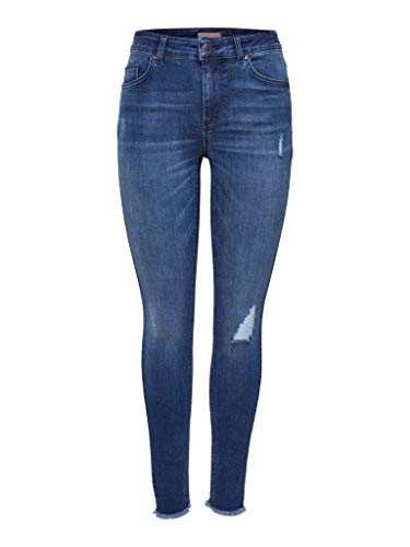 ONLY Damen Skinny Fit Jeans | Stone Wash Stretch Denim Mid Waist | 5-Pocket Destroyed Details ONLBLUSH, Farben:Blau, Größe:XS / 32L, Z-Länge:L32 von ONLY