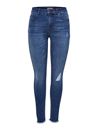 ONLY Damen Skinny Fit Jeans | Stone Wash Stretch Denim Mid Waist | 5-Pocket Destroyed Details ONLBLUSH, Farben:Blau, Größe:S / 32L, Z-Länge:L32 von ONLY