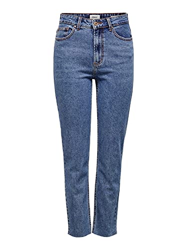 Damen Stretch MOM Jeans Gerade ONLEMILY High Waist Hose | Raw Design Roher Saum Denim Straight Pants, Farben:Blau, Größe:26W / 30L von ONLY