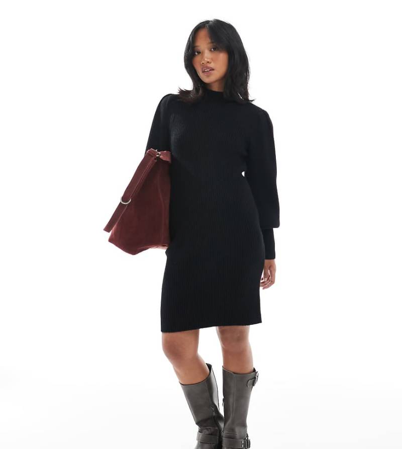 ONLY Petite - Kurzes, hochgeschlossenes Pulloverkleid in Schwarz mit Puffärmeln von ONLY Petite