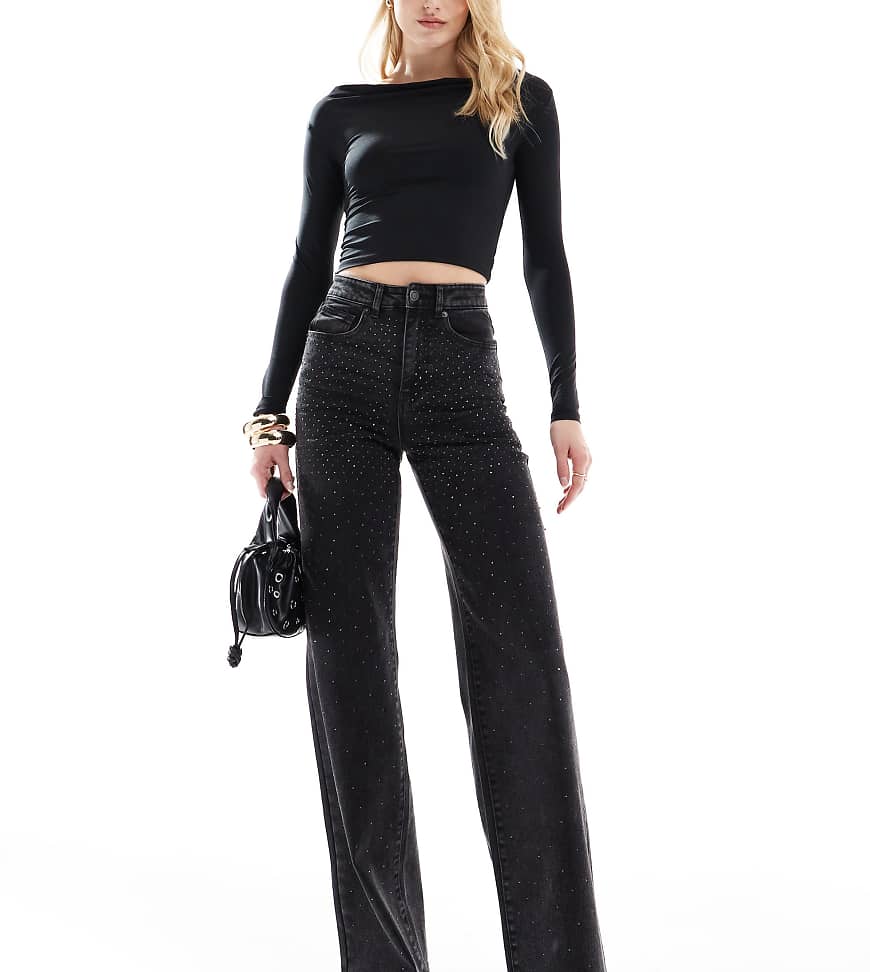 ONLY Tall - Hope - Jeans in verwaschenem Schwarz mit Strass und weitem Bein von ONLY Tall