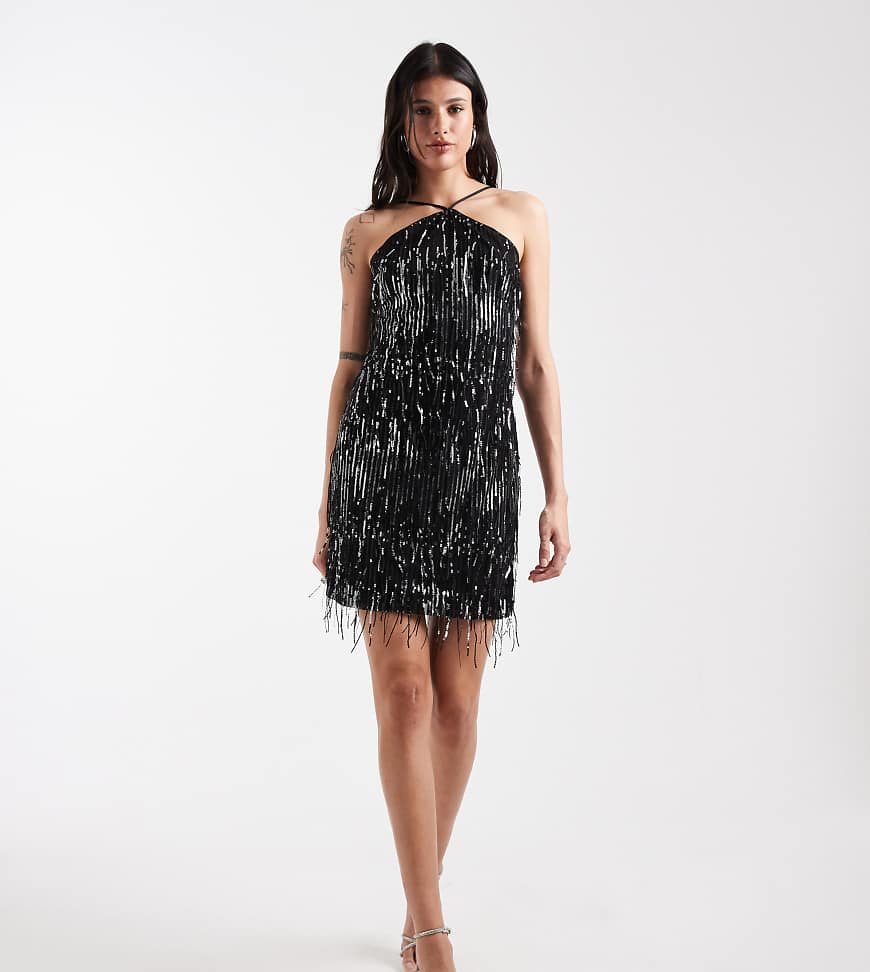 ONLY Tall - Neckholder-Minikleid in Schwarz mit Paillettenfransen von ONLY Tall