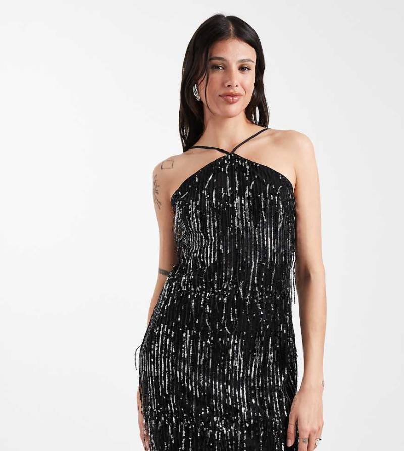 ONLY Tall - Neckholder-Minikleid in Schwarz mit Paillettenfransen von ONLY Tall