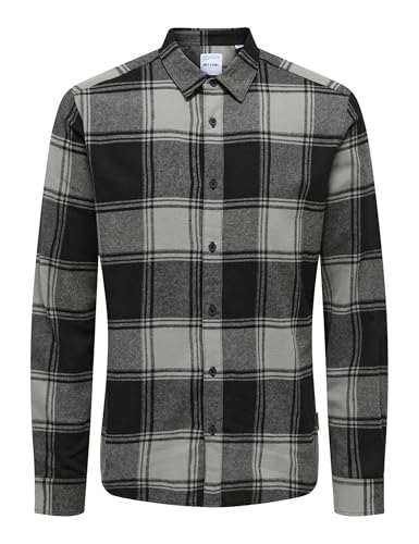 Kariertes Holzfäller Hemd Basic Langarm Flanellhemd Freizeit Karo Slim Fit Shirt Baumwolle ONSGUDMUND, Farben:Schwarz-Dunkelgrau, Größe Hemd:L von ONLY & SONS