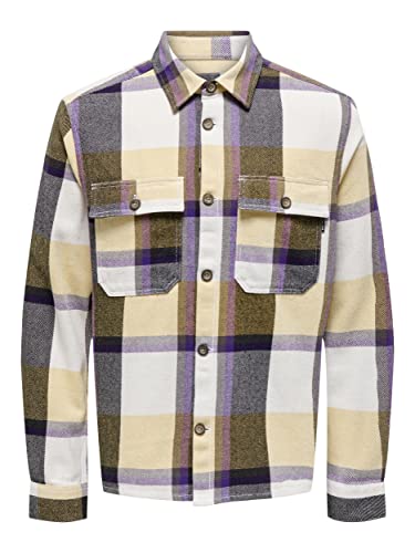 O&S Hemd Overshirt Kariertes Langarm Freizeit Shirt Twill Jacke Baumwolle Holzfäller Shacket ONSMAR, Größe Hemd:L,Farben:Beige von ONLY & SONS