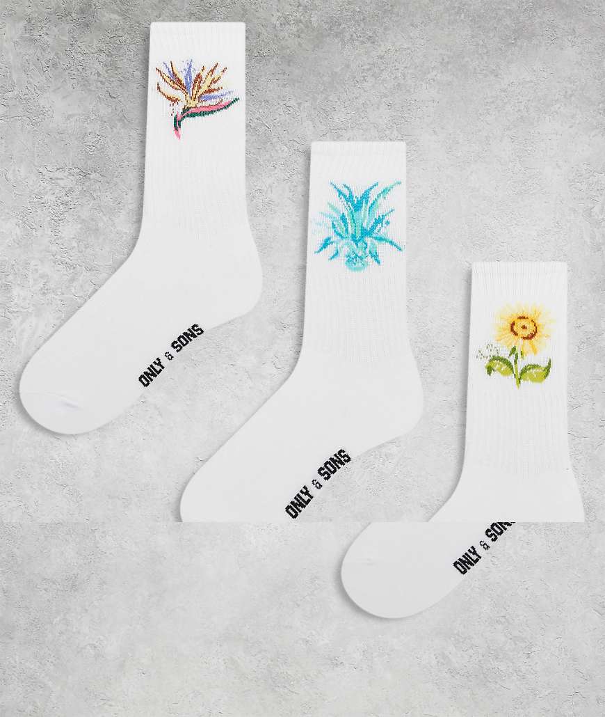ONLY & SONS - 3er-Pack Tennissocken in Weiß mit Sonnenblume von ONLY & SONS