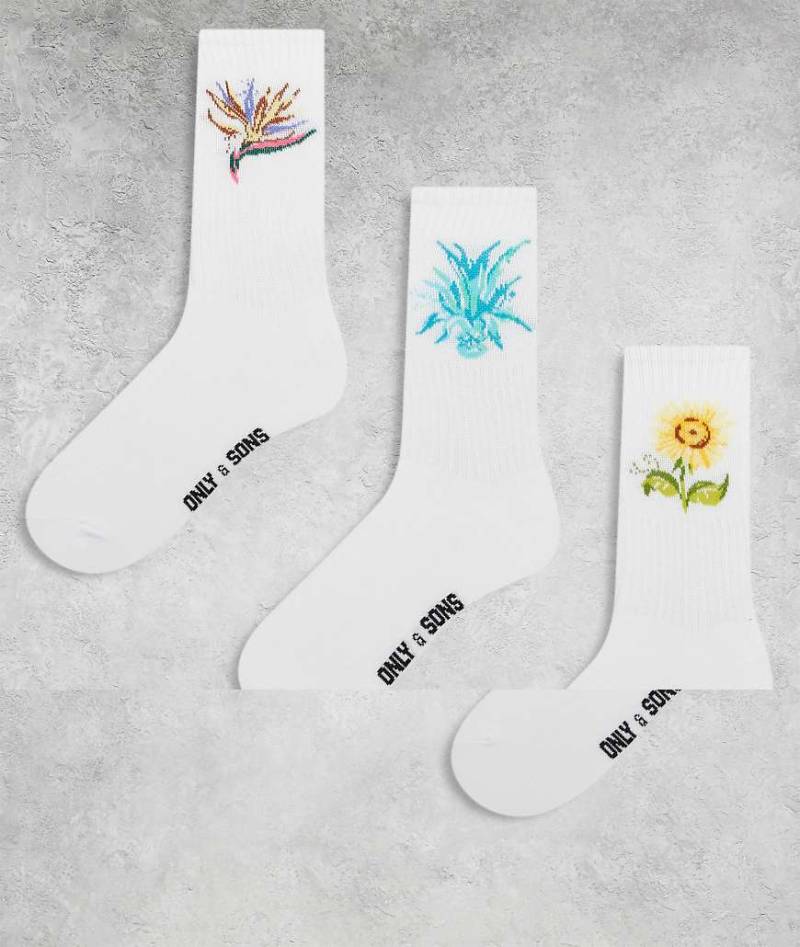 ONLY & SONS - 3er-Pack Tennissocken in Weiß mit Sonnenblume von ONLY & SONS