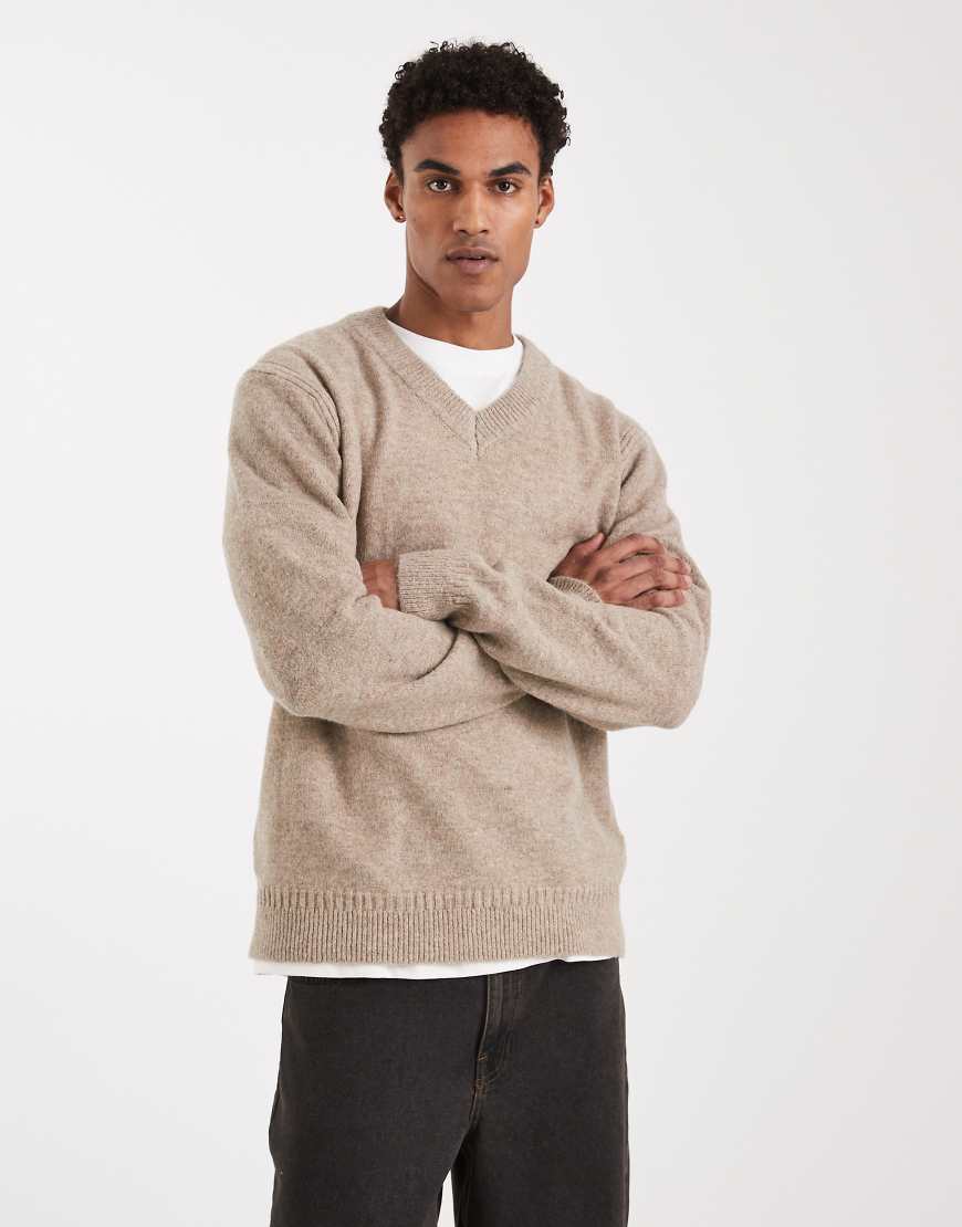 ONLY & SONS - Angerauter Strickpullover in Beige mit V-Ausschnitt-Neutral von ONLY & SONS