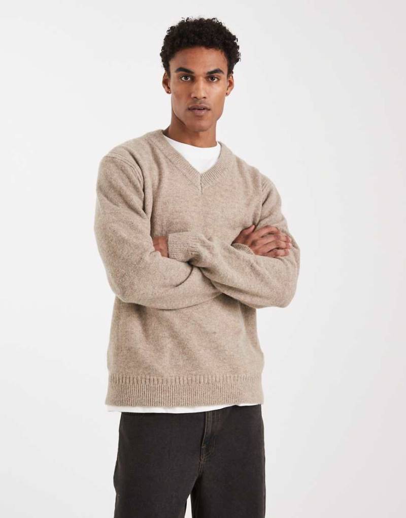 ONLY & SONS - Angerauter Strickpullover in Beige mit V-Ausschnitt-Neutral von ONLY & SONS