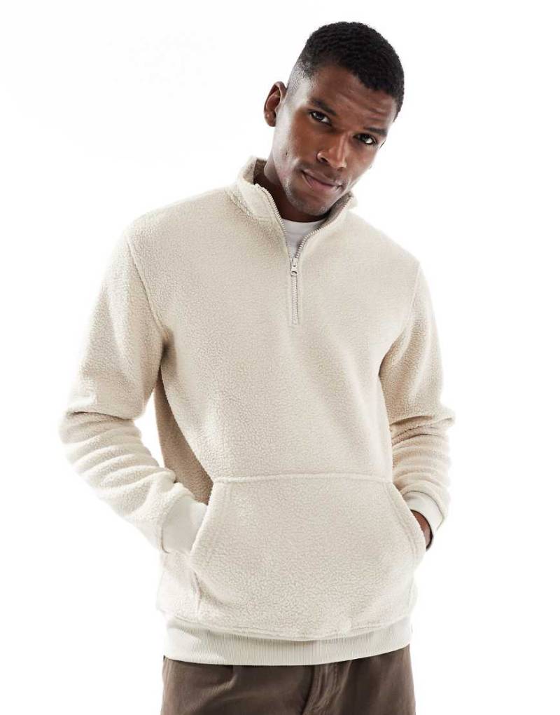 ONLY & SONS - Fleece-Sweatshirt in Steinbeige mit kurzem Reißverschluss-Weiß von ONLY & SONS