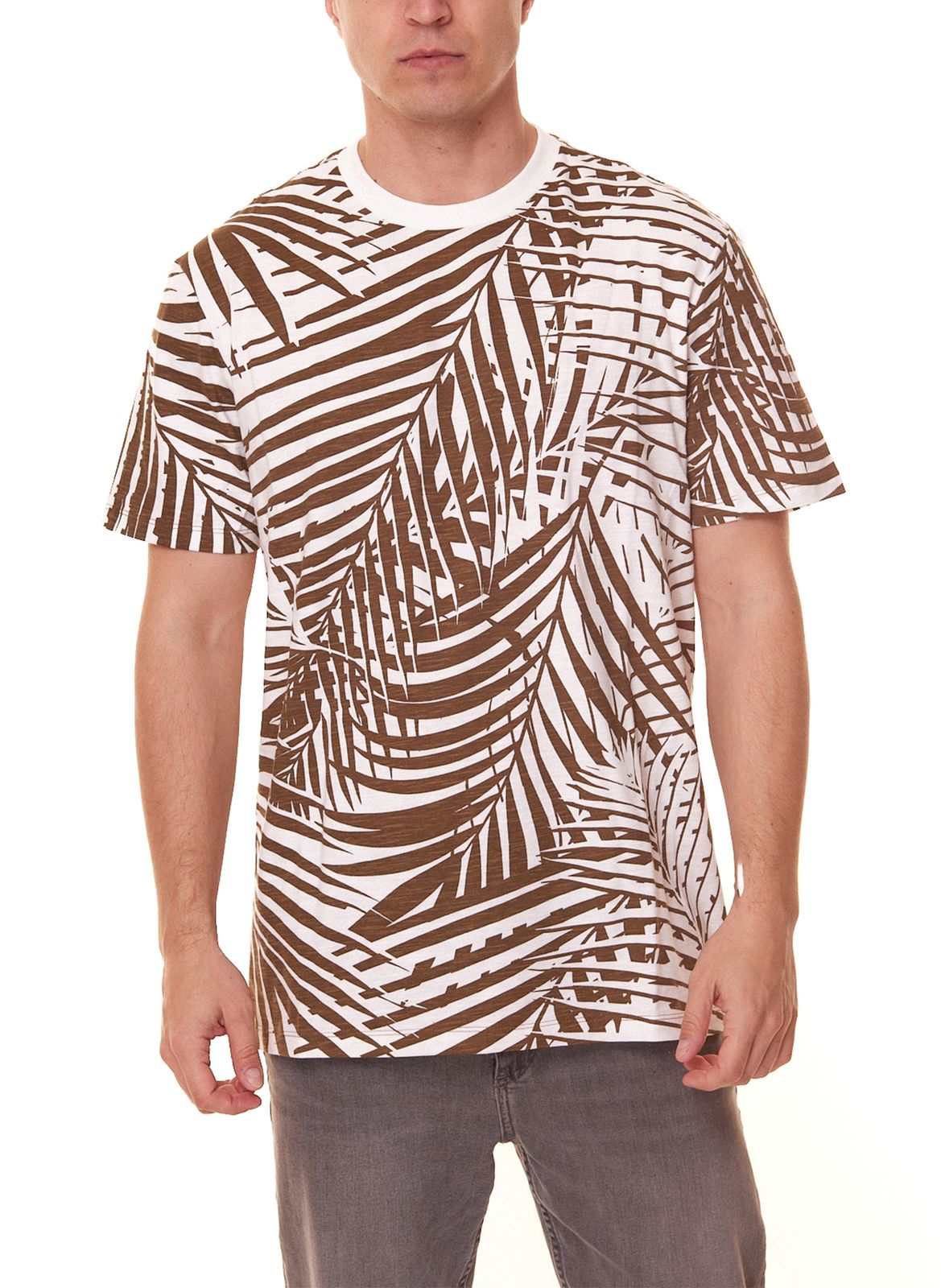 ONLY & SONS George Regular Herren Freizeit-Shirt T-Shirt mit Allover Blätter-Print Braun/Weiß von ONLY & SONS