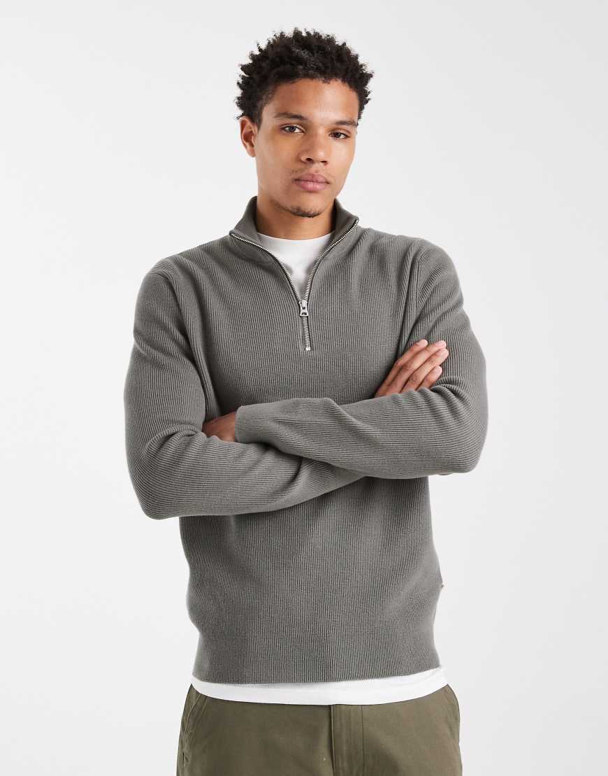 ONLY & SONS - Gerippter Pullover in Graugrün mit kurzem Reißverschluss von ONLY & SONS