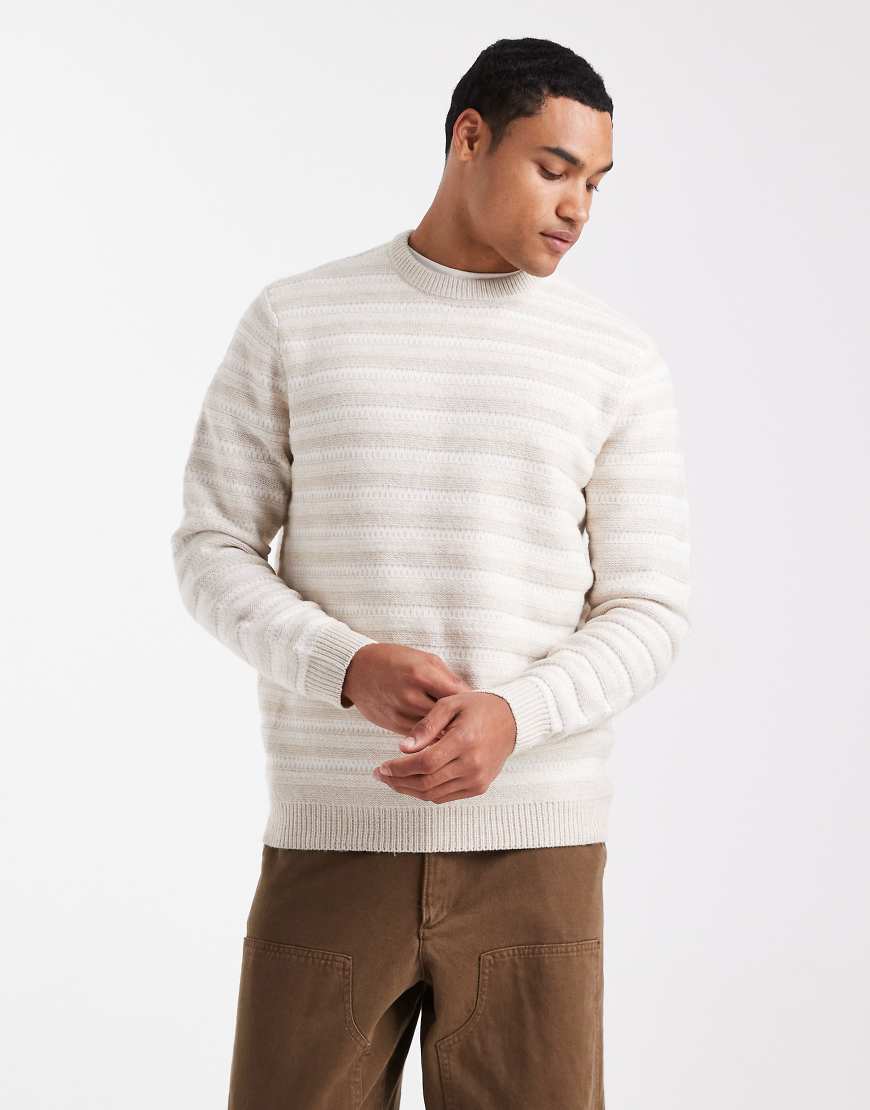 ONLY & SONS - Grobmaschiger Regular-Fit-Pullover in Steinbeige mit weißen Streifen und Rundhalsausschnitt von ONLY & SONS