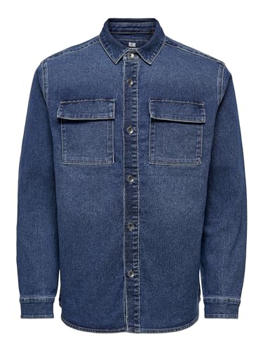 Herren O&S Jeans Hemd Denim Basic Langarm Freizeit Shirt Twill Baumwolle Shacket ONSCAMON, Farben:Blau, Größe Hemd:L von ONLY & SONS