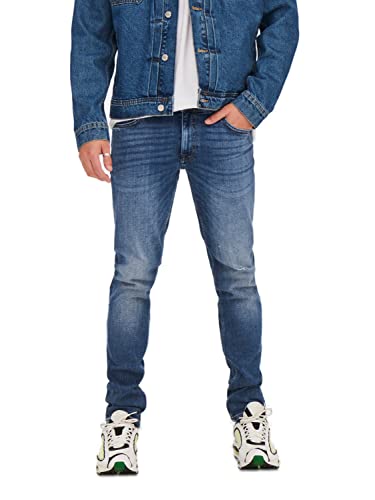 Herren O&S Slim Fit Jeans | Destroyed Denim Pants ONSLOOM | Used Tapered Trousers Stretch Hose, Farben:Blau-2, Größe Jeans:31W / 30L von ONLY & SONS