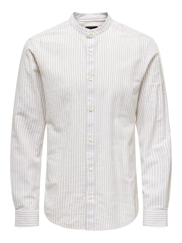 ONLY&SONS Herren Leichtes Leinen Hemd Langarm Slim Fit Oberteil gestreiftes Basic Shirt, Farben:Beige, Größe Hemd:XXL von Only & Sons